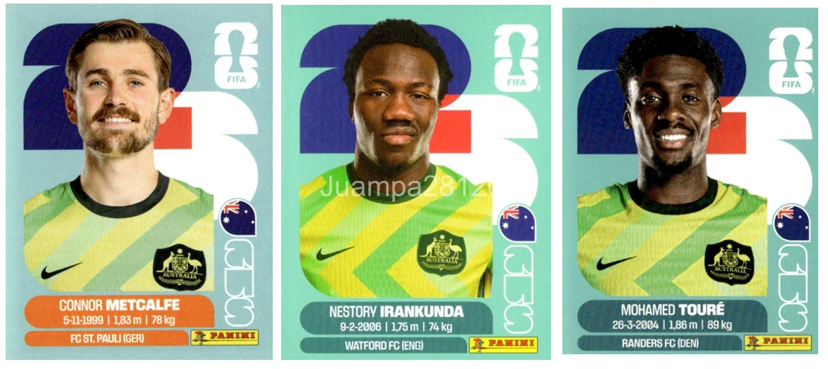 Australia núm 15 (Metcalfe), 19 (Irankunda) y 20 (Touré)