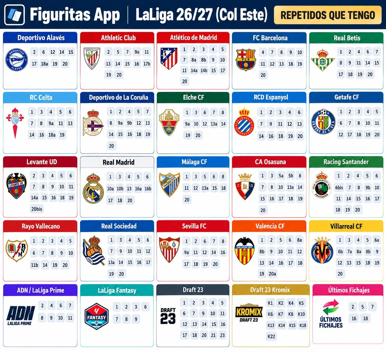 Cromos Repetidos LALIGA 26-27 ESTE